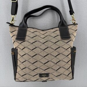 FOSSIL Emerson Satchel Tote Shoulder Purse Crossbody Black Leather Trim Canvas